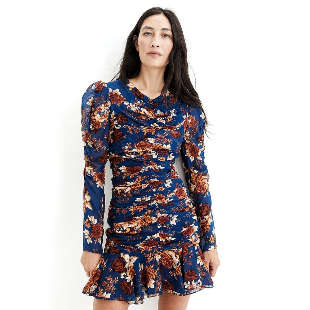 Veronica Beard Silk Rouched Romantic Floral Mini Dress